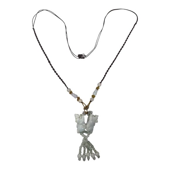 Jade Bead Necklace Carved Foo Dog Dueling Tassel Hand Carved Pendant Adjustable - Picture 3 of 8